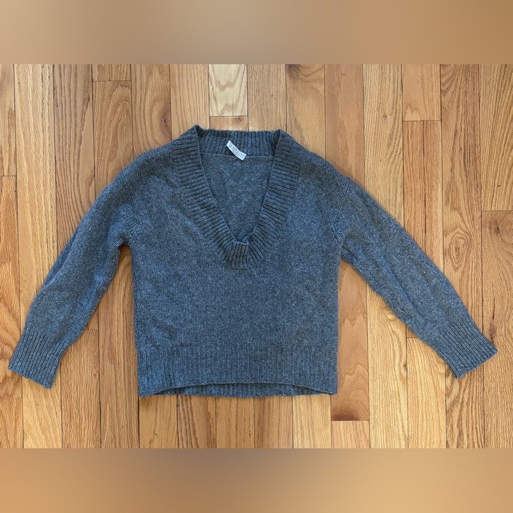 Brunello Cucinelli Gray Off-the-Shoulder V-Neck Sweater